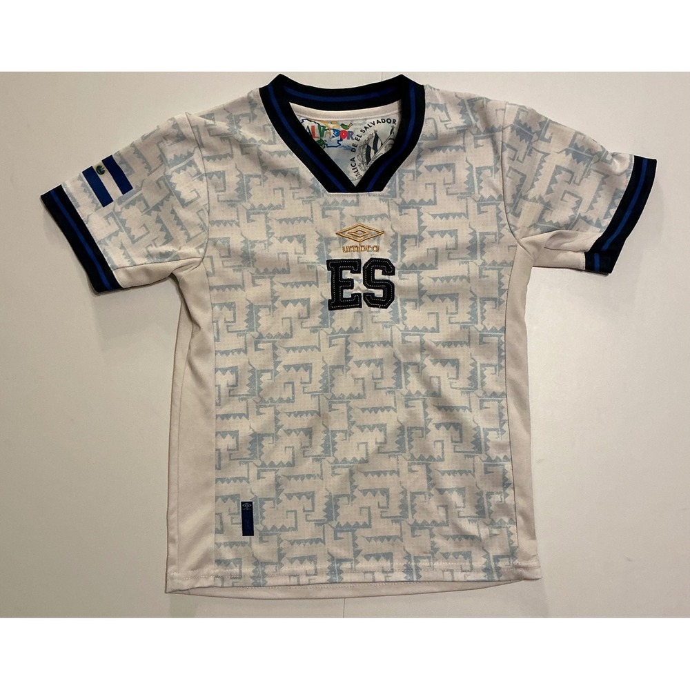 VTG Umbro El Salvador Soccer Jersey Youth White Blue Geometric V-Neck ES Shirt